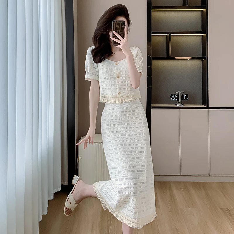 夏季新款高级感减龄上衣半身裙两件套法式气质简约修身时尚套装