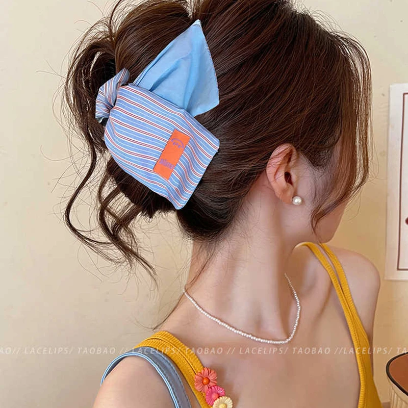 韩系布艺条纹撞色抓夹女高级感2025新款三角鲨鱼夹盘发夹子发饰夏