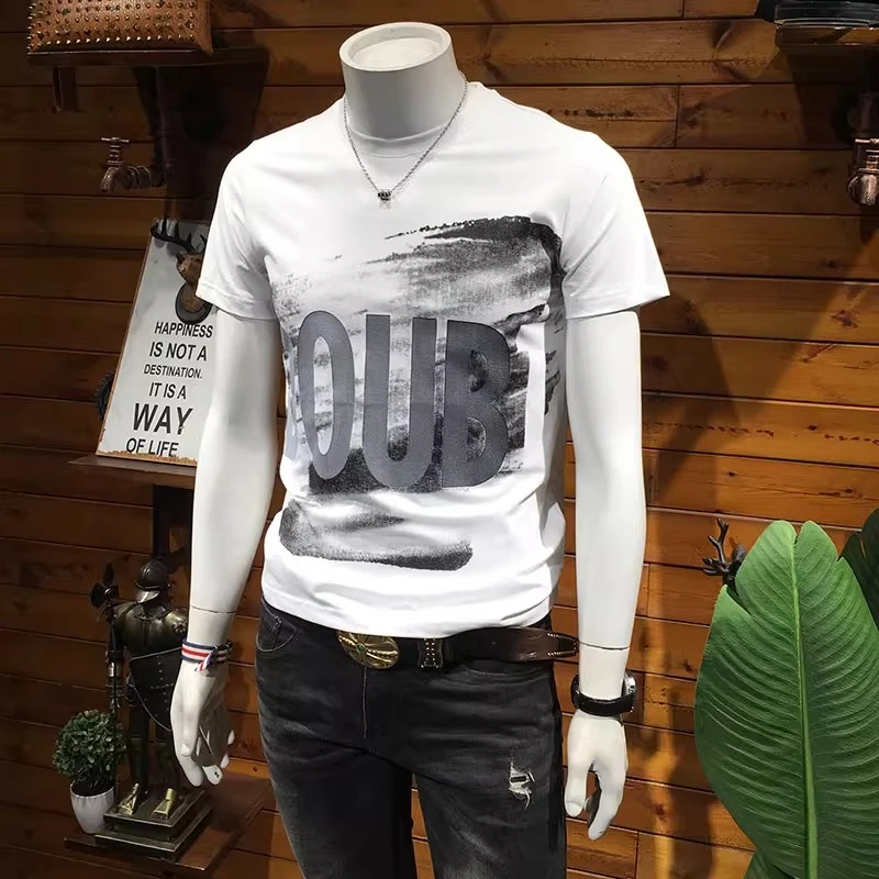 佩托本那夏季印花圆领男士短袖t恤时尚百搭修身帅字母丝光棉潮流T