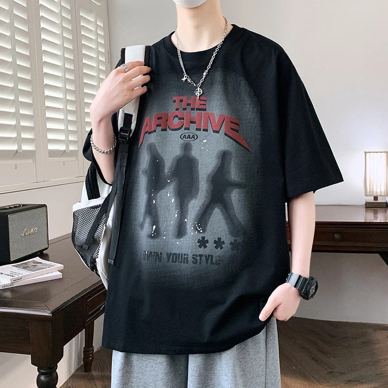 潮牌青少年印花款重磅短袖青少年2025夏季新款时尚休闲圆领t恤衫