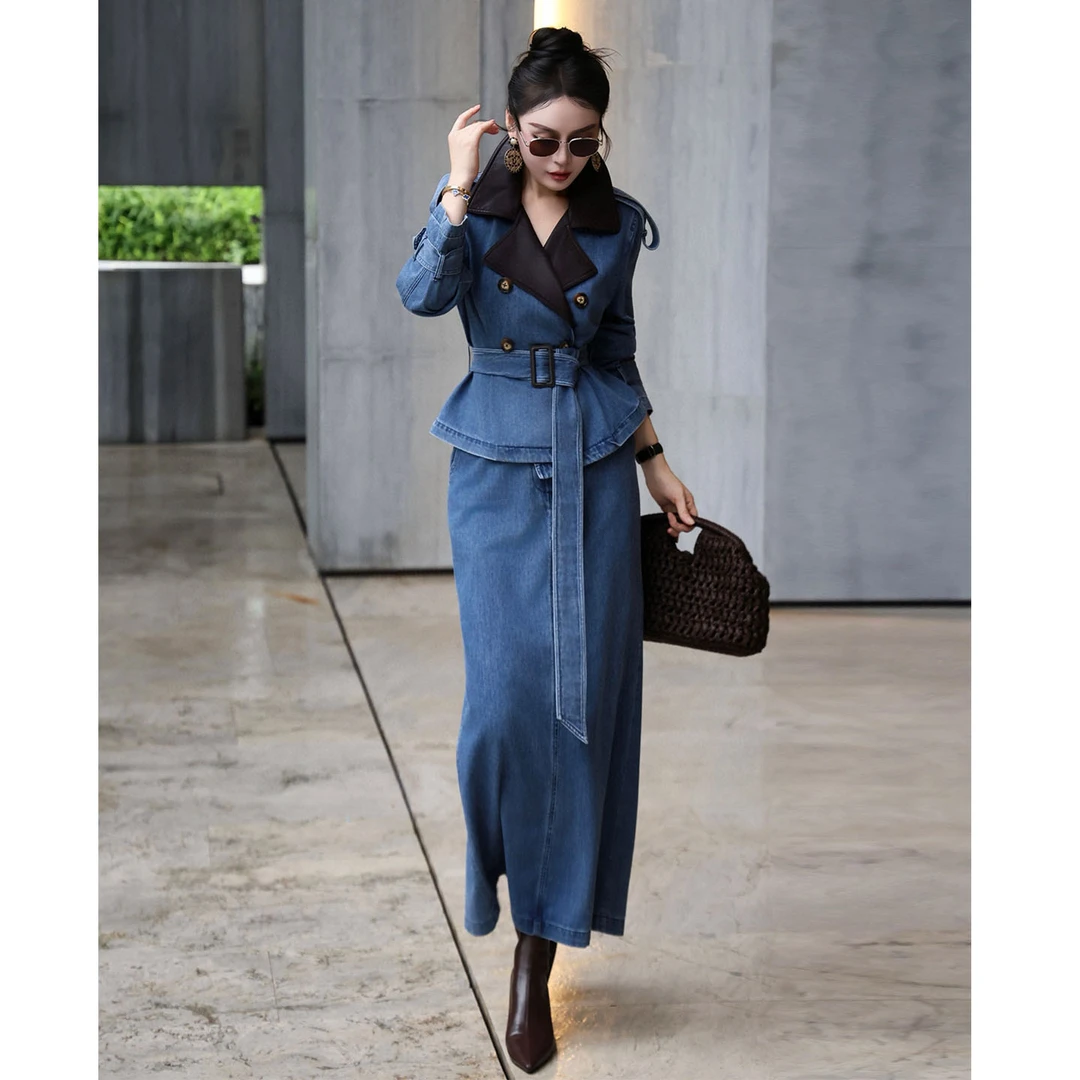 欧洲站女装2025秋季长款洋气牛仔套装裙气质松驰感女装帅气两件套