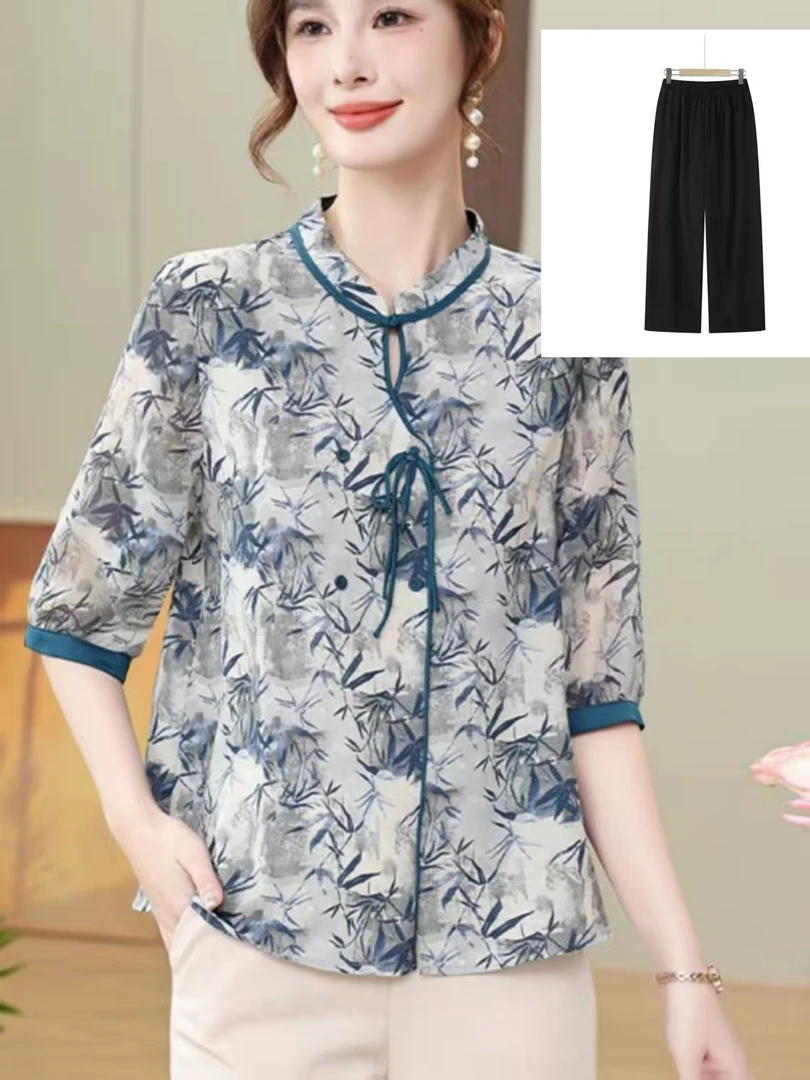 9299-夏季新款新中式流苏中袖年轻妈妈装清凉显气质套装A6-3-2