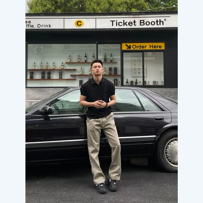 GTAL美式休闲裤立体剪裁水洗做旧秋冬纯色直筒刺绣高级感修身长裤