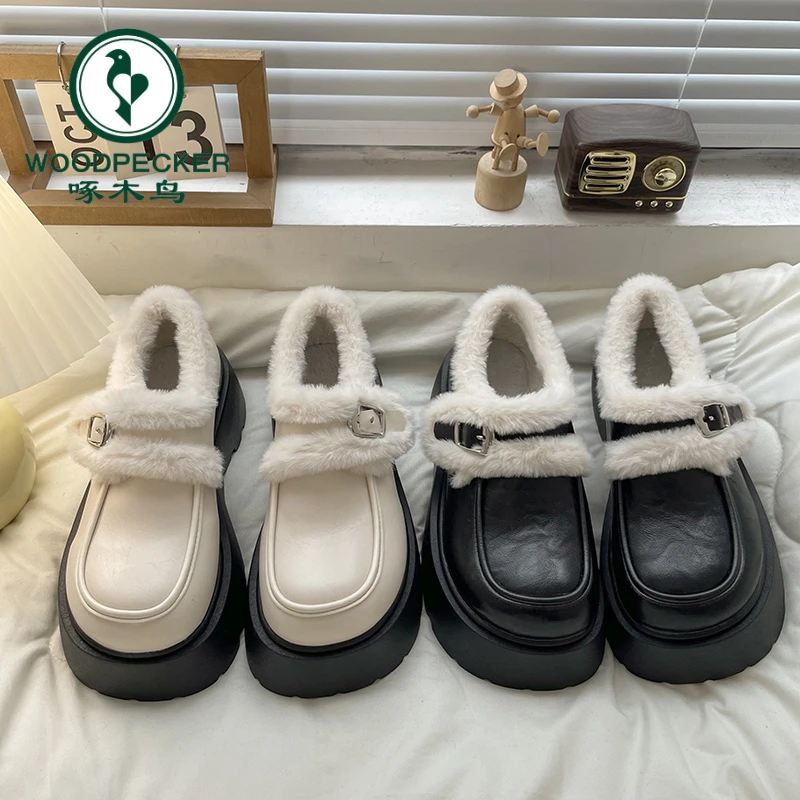 啄木鸟加绒乐福棉鞋女2025秋冬新款厚底粗跟复古毛毛玛丽珍小皮鞋