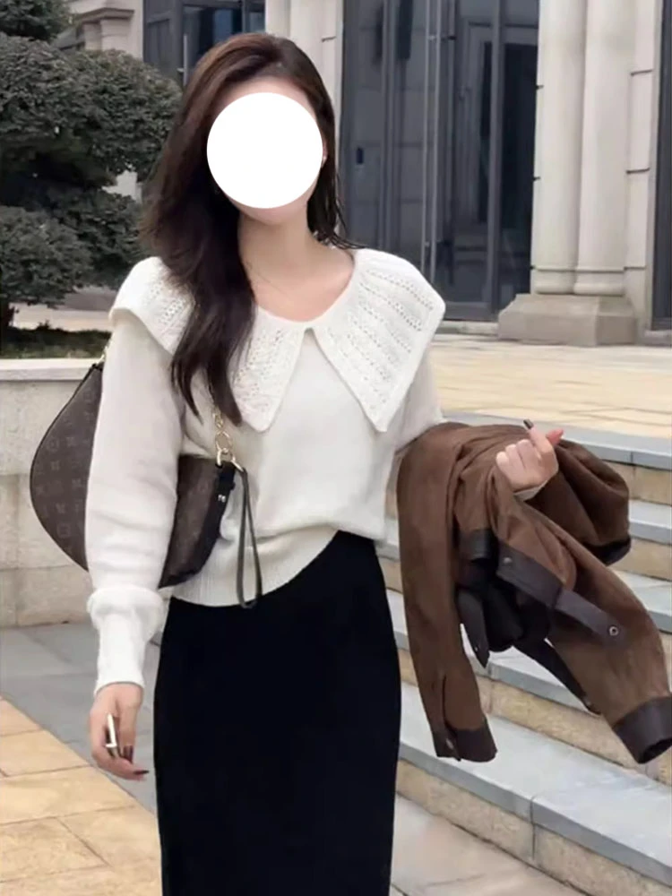 法式温柔风娃娃领拼接针织衫女2025秋季新款休闲百搭减龄短款上衣