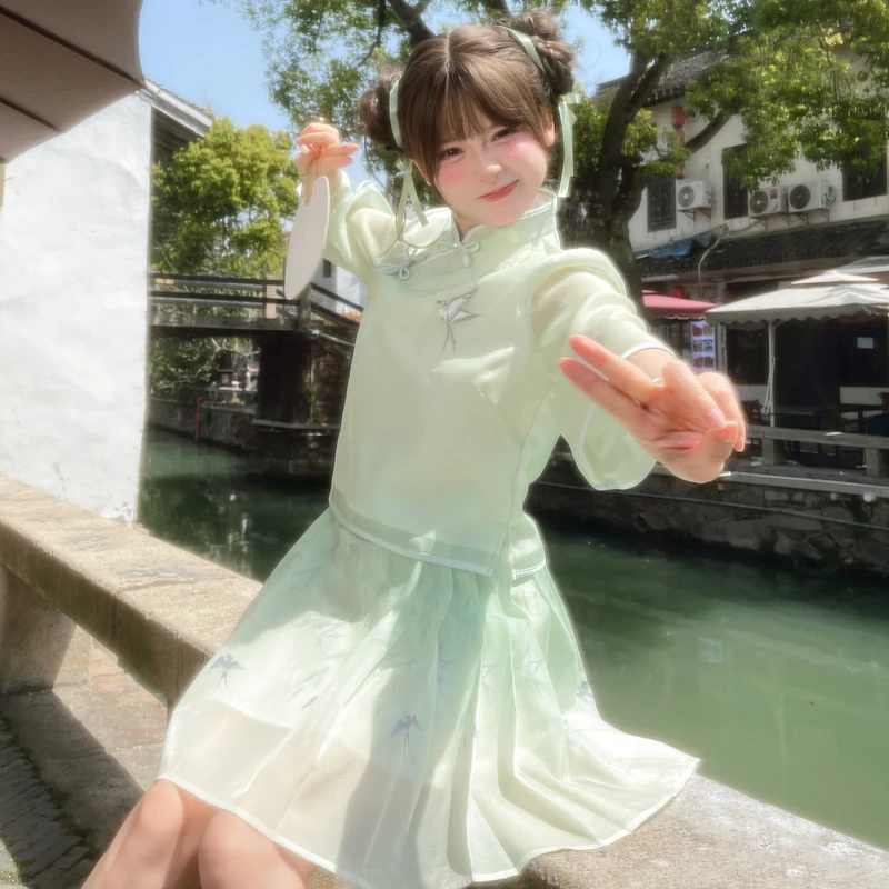 森女部落原创新中式立领刺绣七分袖上衣半身裙时尚套装女2025新款