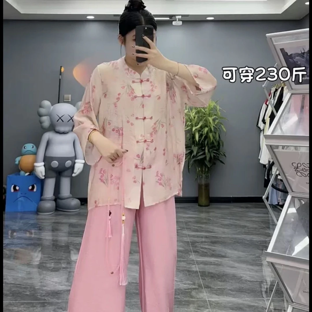 6103国风粉色盘扣衬衫直筒阔腿裤夏季新款套装