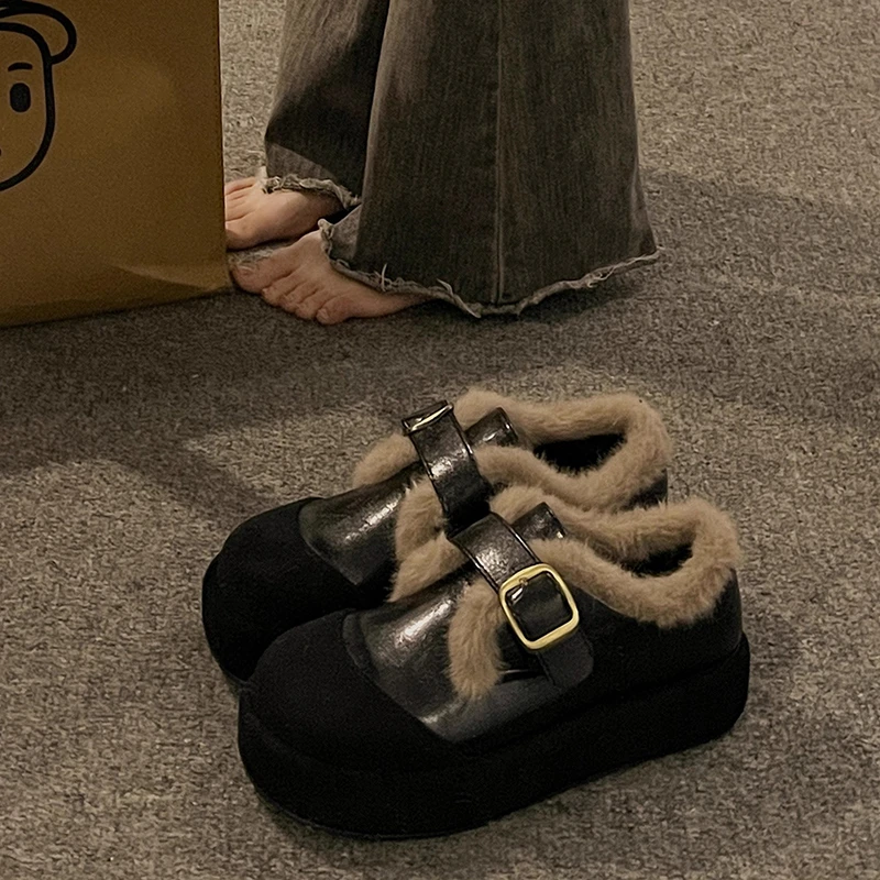 厚底加绒保暖玛丽珍毛毛棉鞋女2025秋冬新款圆头百搭厚底勃肯单鞋