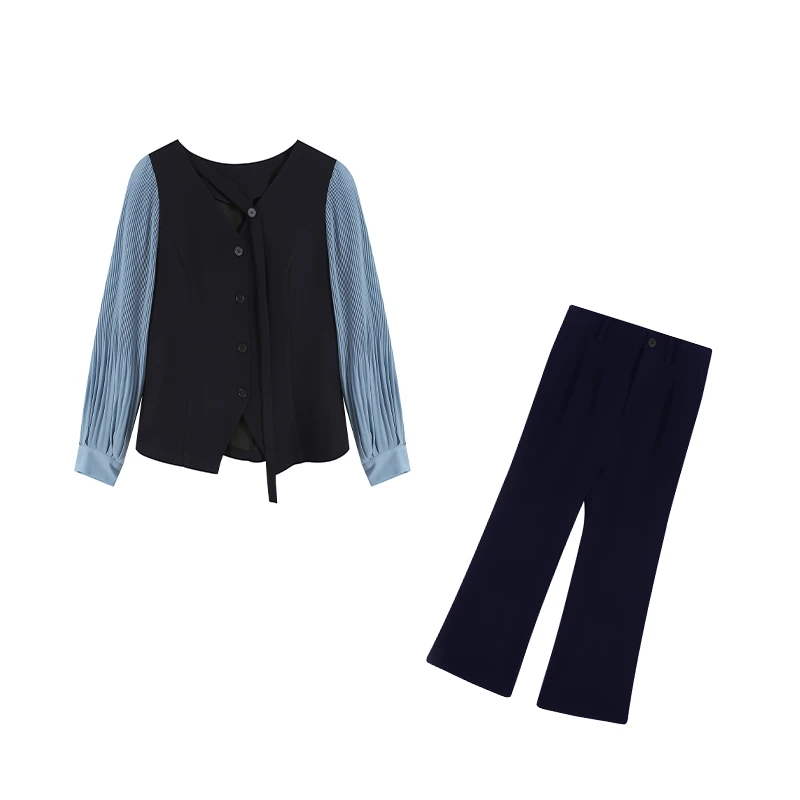 五季家气质拼接撞色藏青色上衣+长裤两件套装大码女装ZL109641
