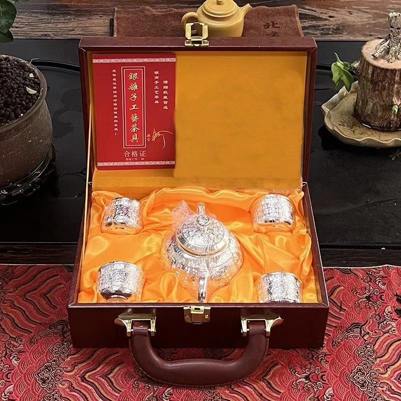 999足银茶具套装百福银壶家用银茶杯子高档创意纯银礼品水壶摆件