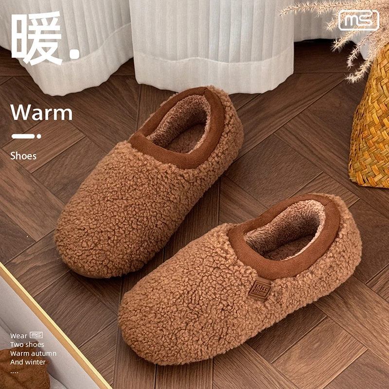居家轻便舒适明盛秋冬季户外复古时尚加绒毛茸茸甜美温柔棉鞋女款