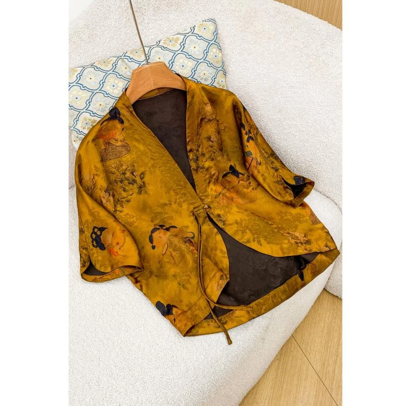 030新中式手绘小唐人系带开衫富贵高级感上衣小衫