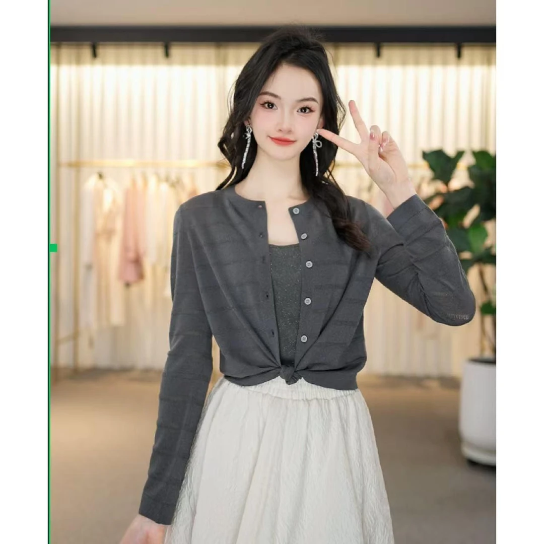 GIRDEAR/哥弟韩系镂空圆领长袖针织开衫148030