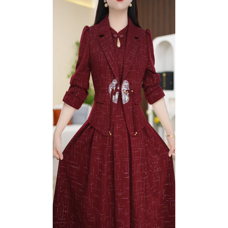 【两件套】春季设计感新款西装领中式复古优雅两件套套装裙M-4XL