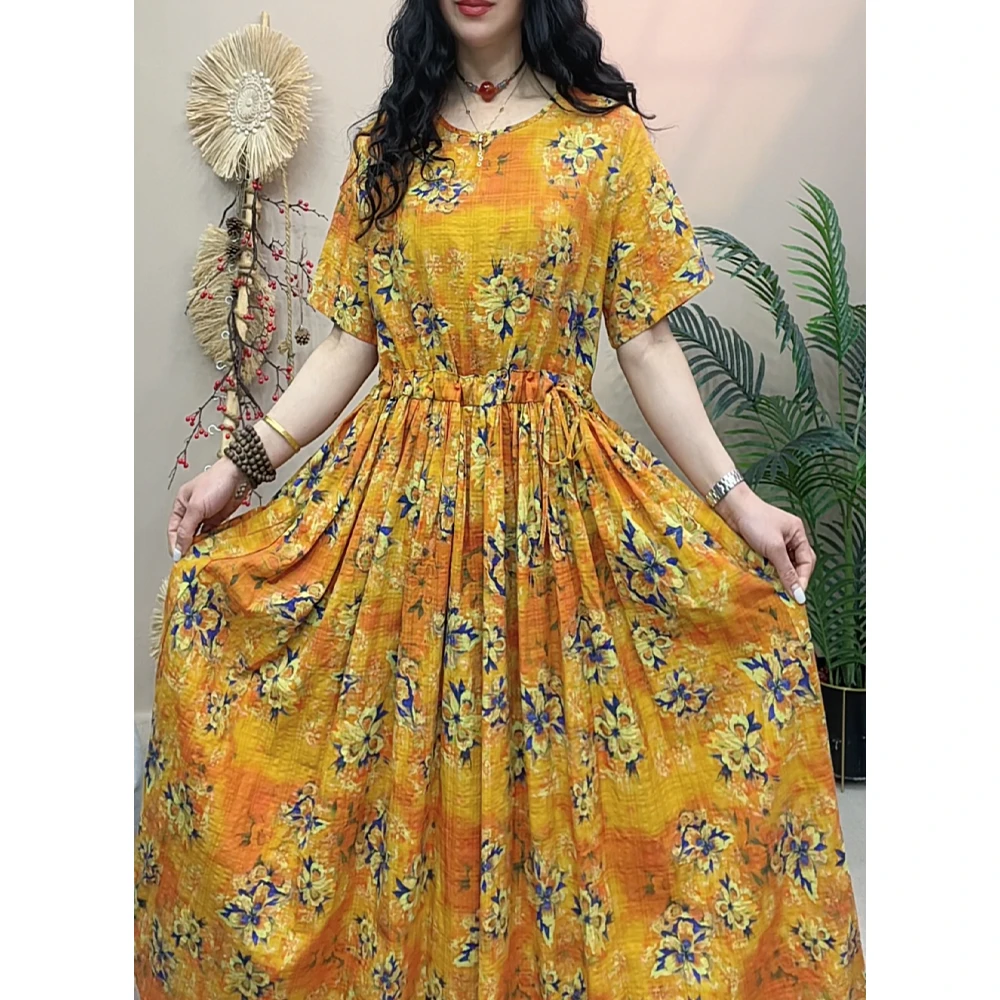 夏季新中式短袖长裙时尚气质显瘦中长款宽松大码连衣裙597