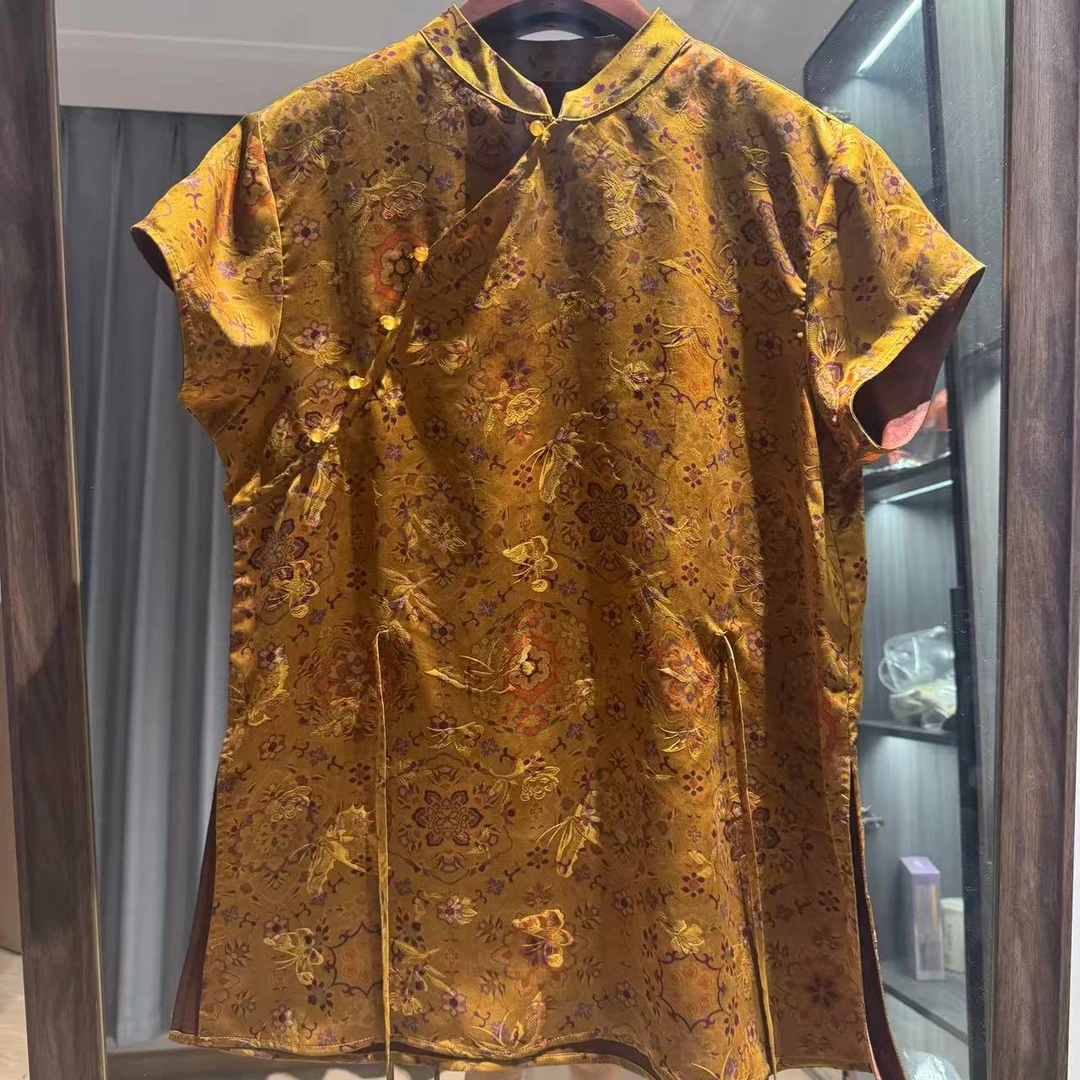 真丝香云纱花萝黄色绑带收腰小旗袍年轻时尚款新中式国风日常百搭