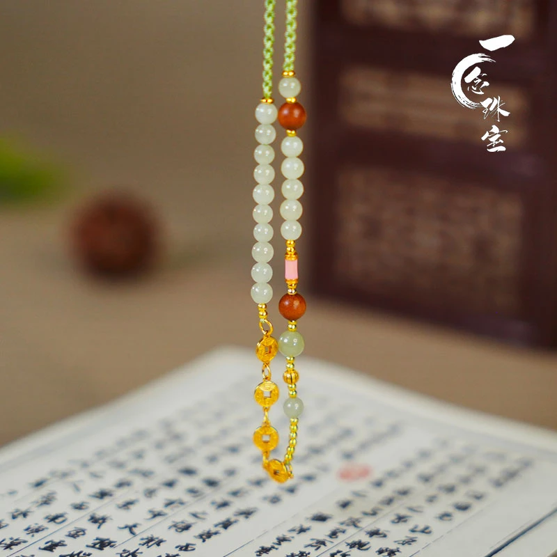 一念珠宝店【碧落金辉】手编设计款天然和田玉珠银配百搭万能链