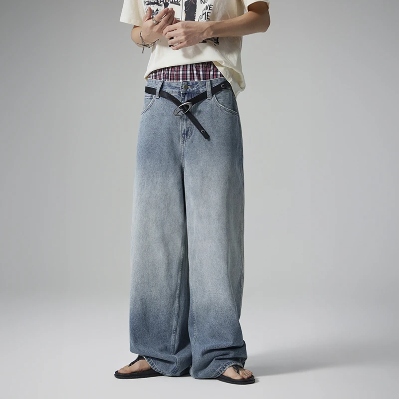 MANJUSTIC美式复古水洗牛仔裤男设计感春季直筒宽松阔腿休闲长裤