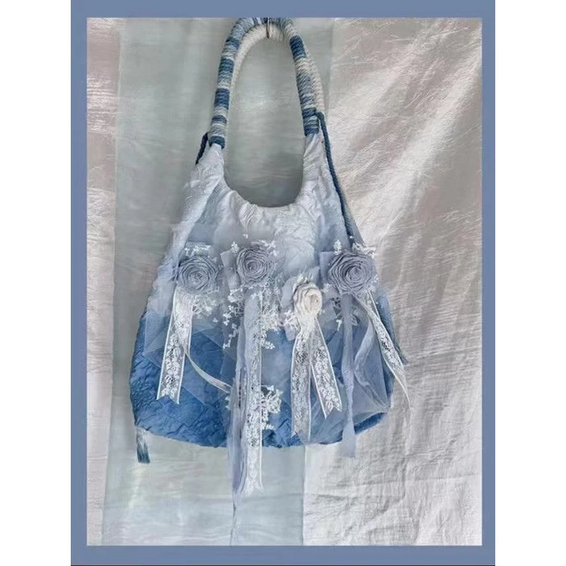 初夏蓝色复古绸缎扎染玫瑰褶皱单肩包飘带蕾丝温柔仙女腋下手提包