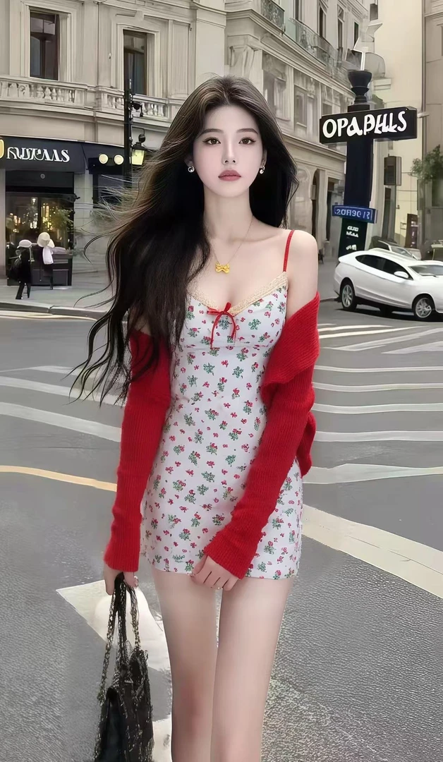 新款早秋氛围感穿搭碎花V领修身吊带收腰包臀连衣裙+红色开衫套装