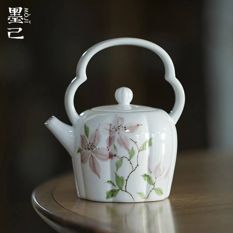 墨己玉泥白瓷手绘国风提梁壶功夫茶具家用陶瓷仿烫球孔过滤泡茶壶