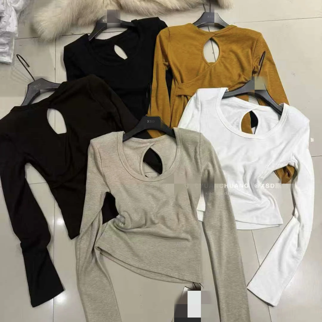 2025秋冬新款辣妹纯欲后背镂空长袖修身磨毛打底衫上衣