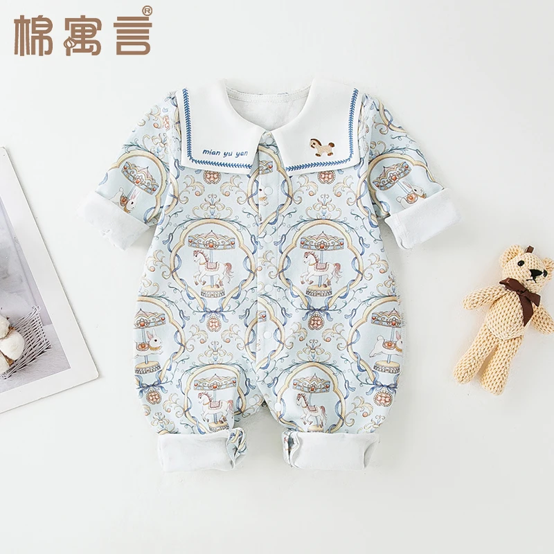 宝宝连体衣春秋外穿长袖家居服超萌刺绣小木马海军领爬服婴儿哈衣