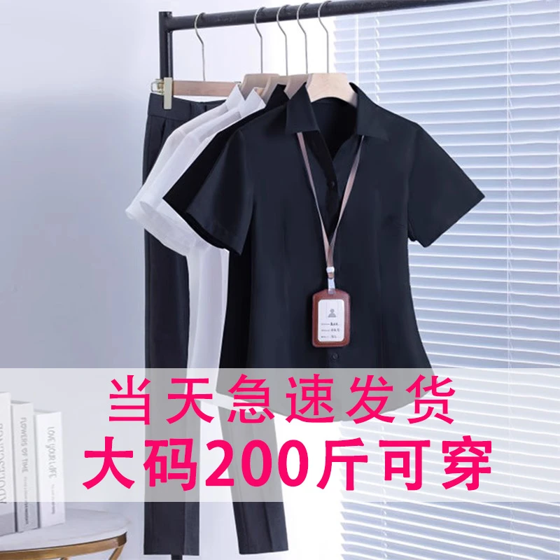 200斤大码女夏季棉质V领短袖衬衫胖mm职业正装显瘦销售工装衬衣薄