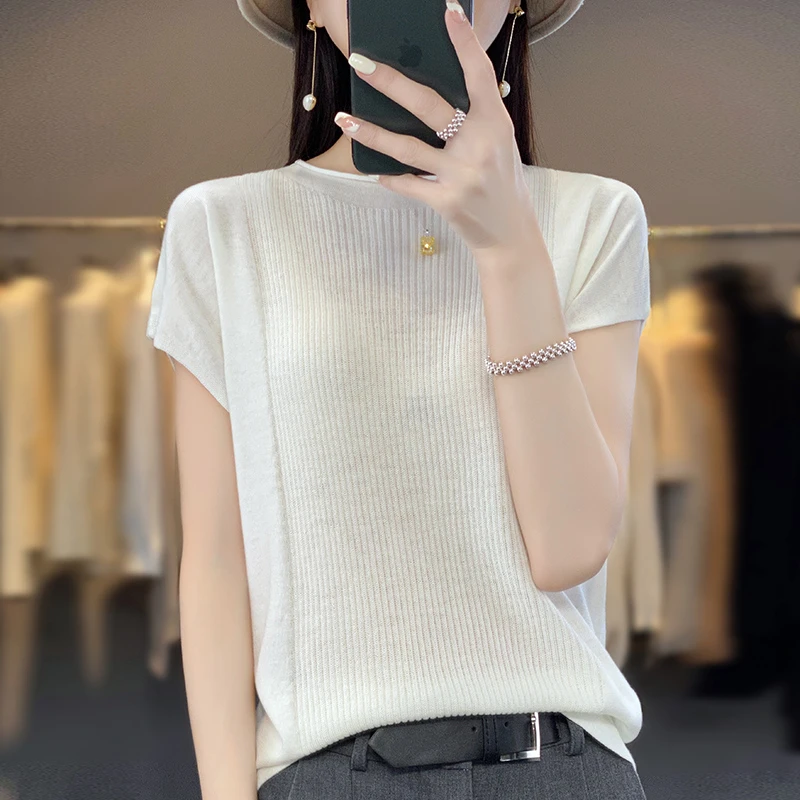 夏季无袖修身显瘦毛针织衫短袖百搭时尚薄款圆领打底设计感半袖女