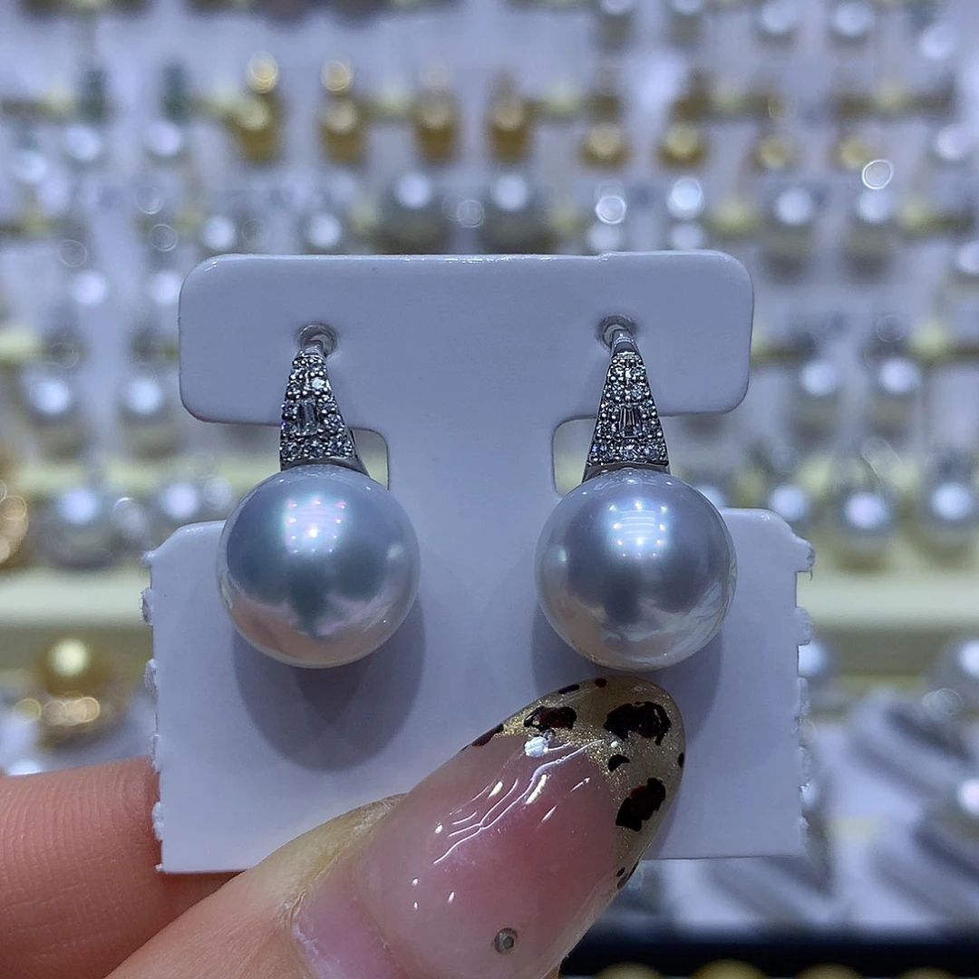 海水珍珠耳饰18K金镶嵌11/12mm澳白