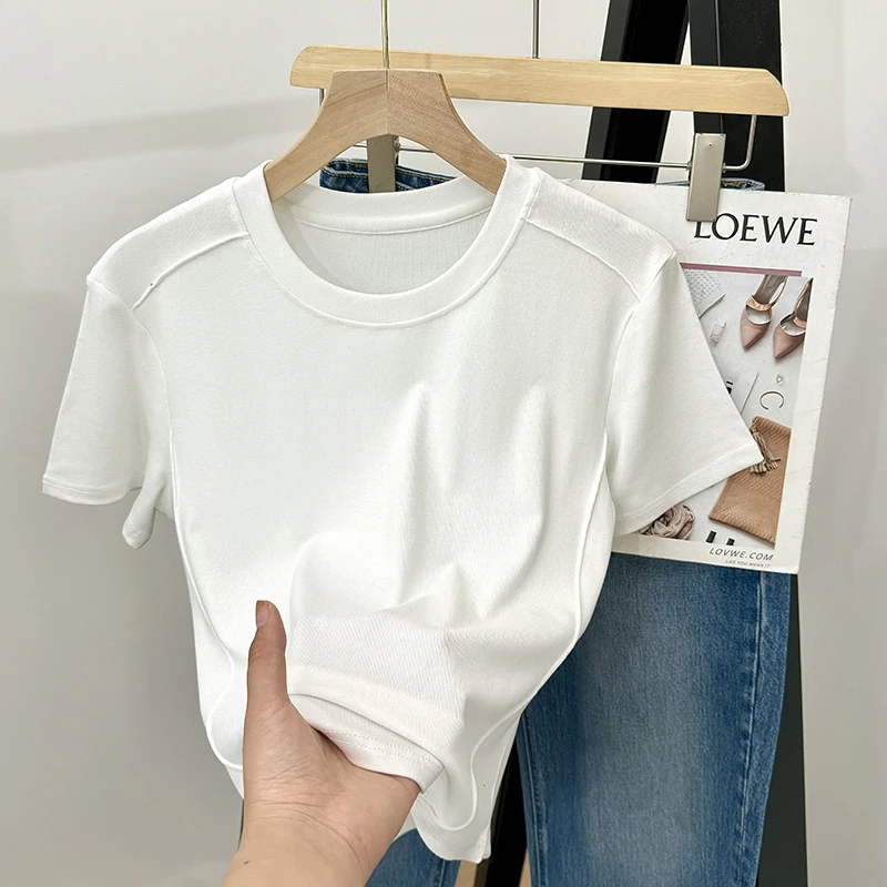 【娃娃专属】圆领短袖修身T恤女夏欧货鱼骨短款正肩小衫-A022