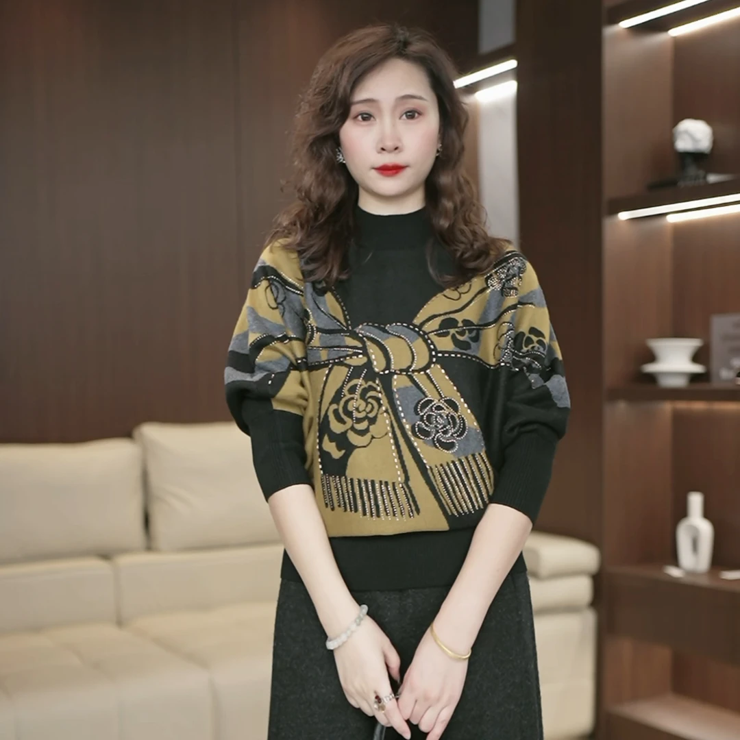 高级显瘦减龄半高领长袖毛衣烫钻气质舒适亲肤休闲百搭上衣3763