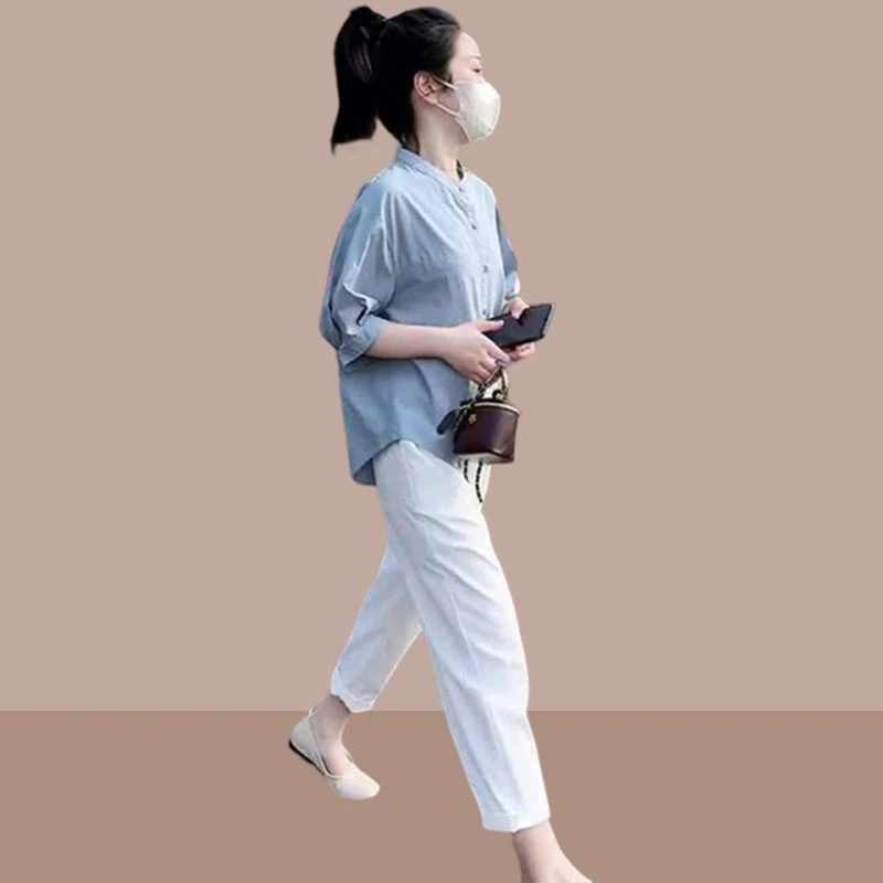 休闲裤通勤显瘦修身衬衫时尚百搭套装设计感2025年夏季新款两件套