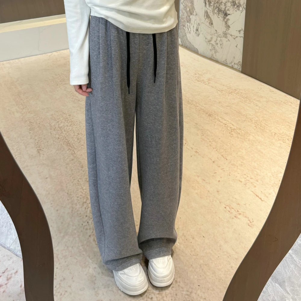 宿慕SUMU韩版显瘦加绒阔腿裤撞色腰2025冬季新款休闲弯刀裤子5360