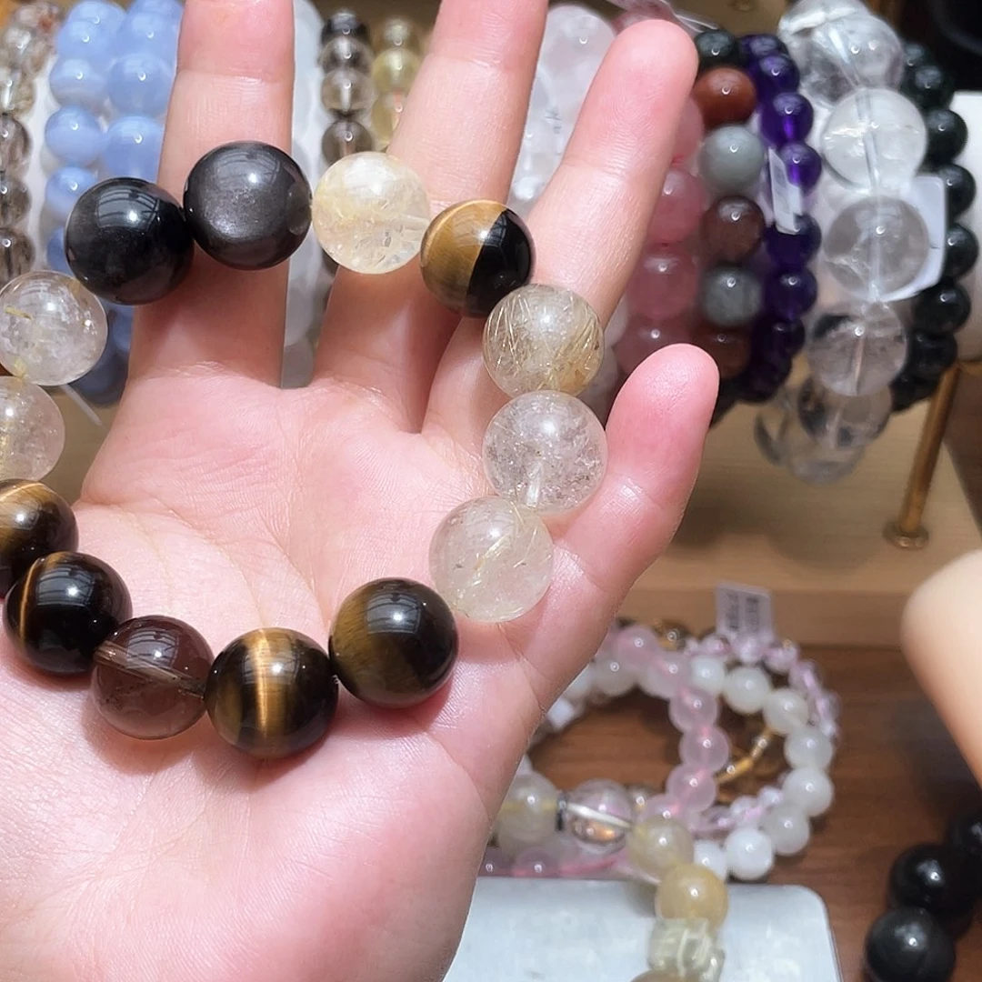 未镶嵌手链烟晶风**飘黄虎眼，银曜石