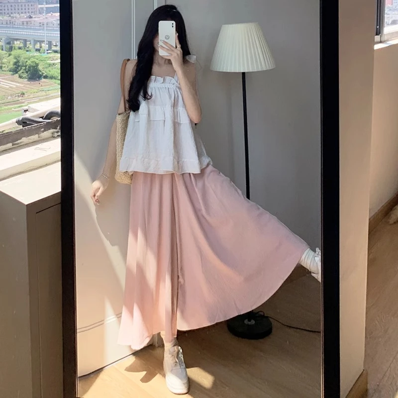 粉色裙裤女2025新款夏季高腰a字休闲直筒阔腿裤小个子百褶半身裙