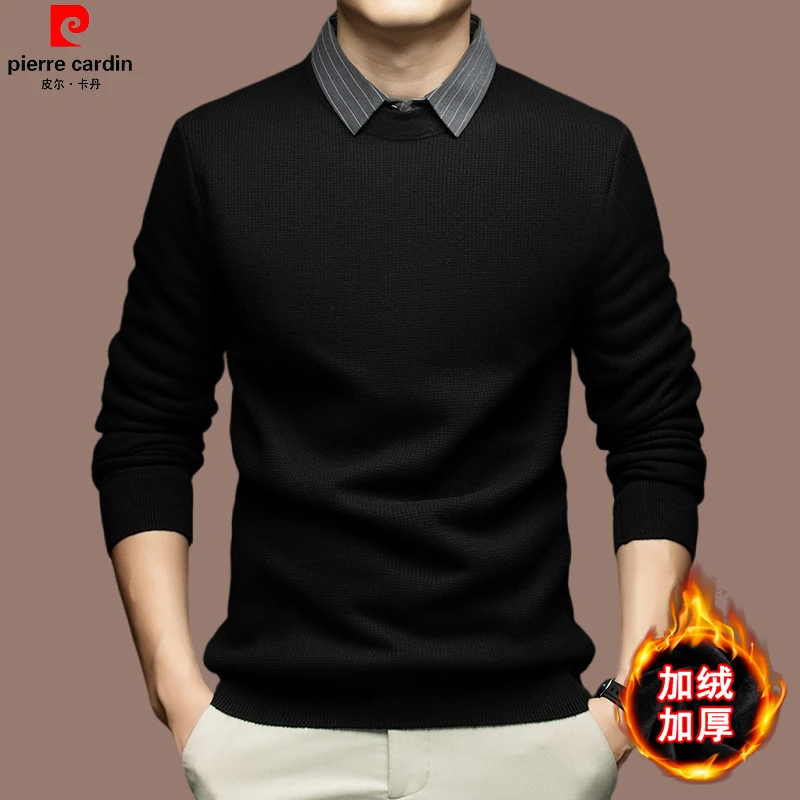 皮尔卡丹国际大牌高档冬男士衬衫领加绒加厚保暖毛衣羊毛衫假两件