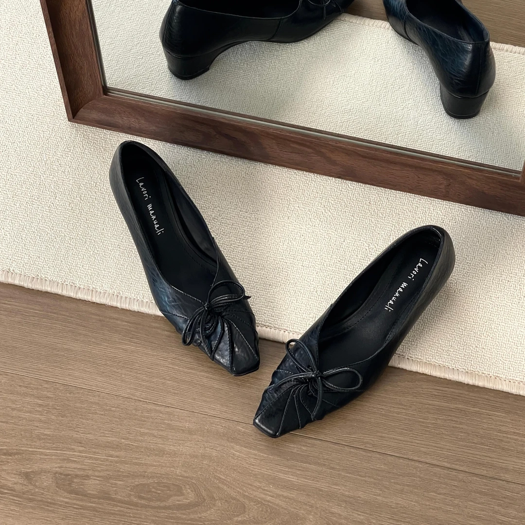 HUSSLOVE 牛皮·跟高4CM·法式温柔优雅褶皱浅口方跟蝴蝶结单鞋