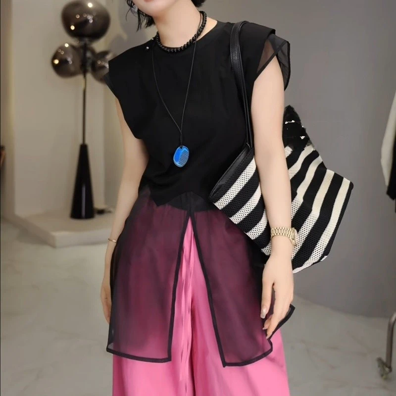 2025夏季时尚拼接短袖上衣百搭圆领假两件T恤LK2503329