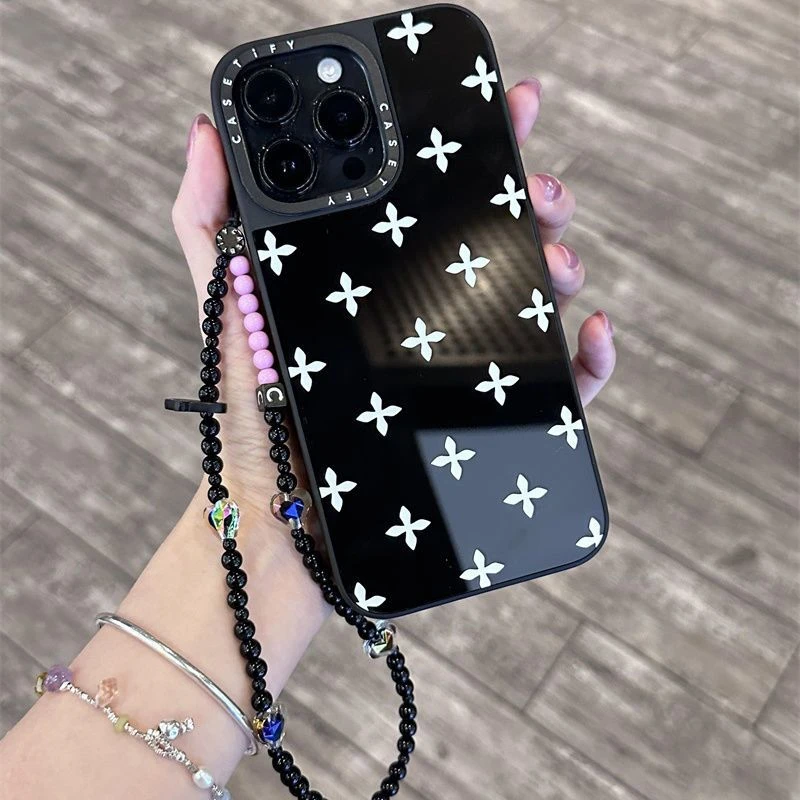黑白十字花苹果16pro手机壳黑镜面iPhone15/14全包13/12/11ins风