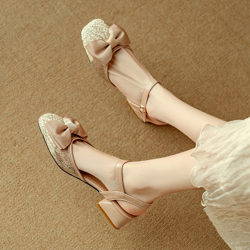 甜美蝴蝶结包头网纱凉鞋女小码3233夏季舒适透气大码女鞋41一43