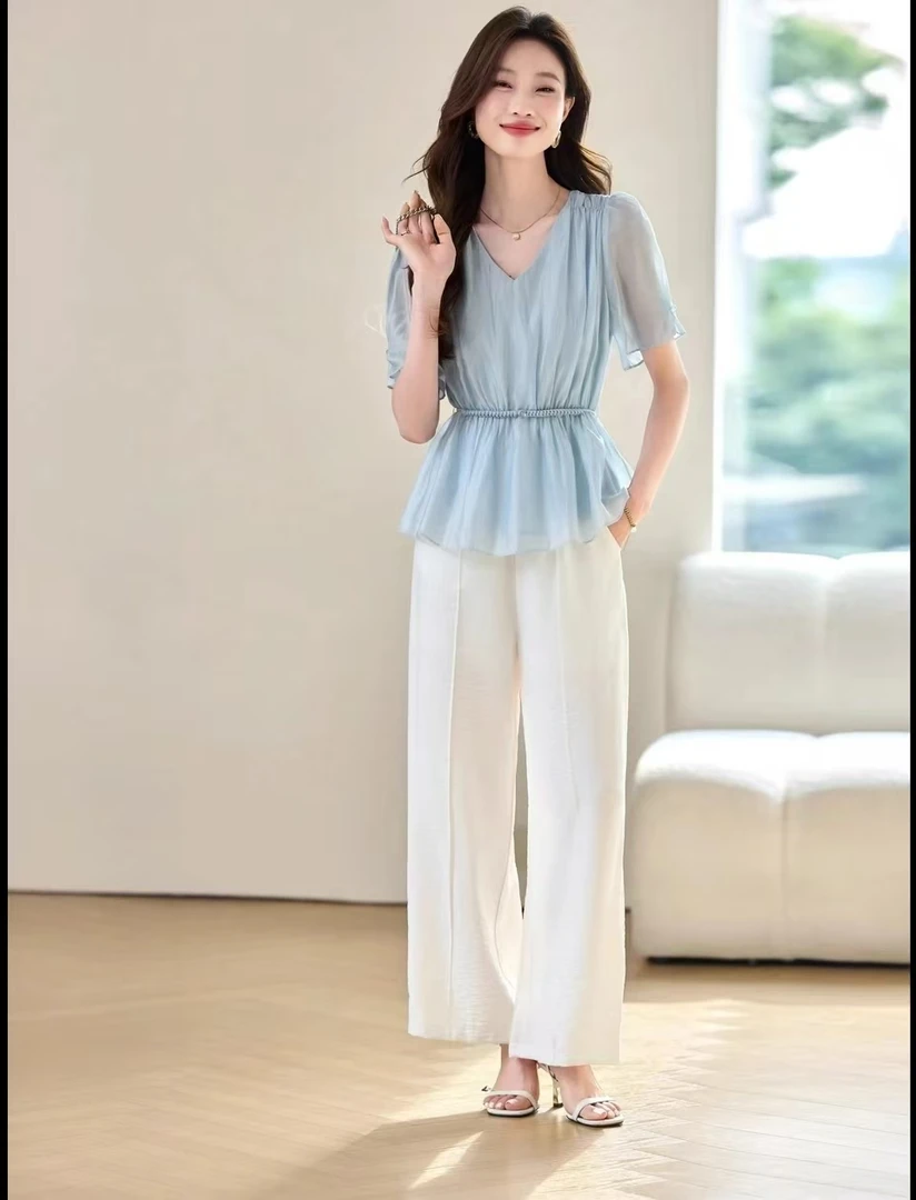 0922夏季小套装女新款气质V领收腰显瘦衬衫上衣两件套裤