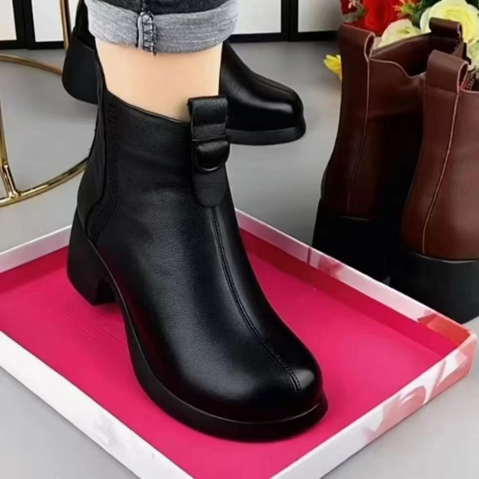 马丁靴女秋冬新款中老年粗跟妈妈短靴女圆头复古软底保暖加厚棉鞋