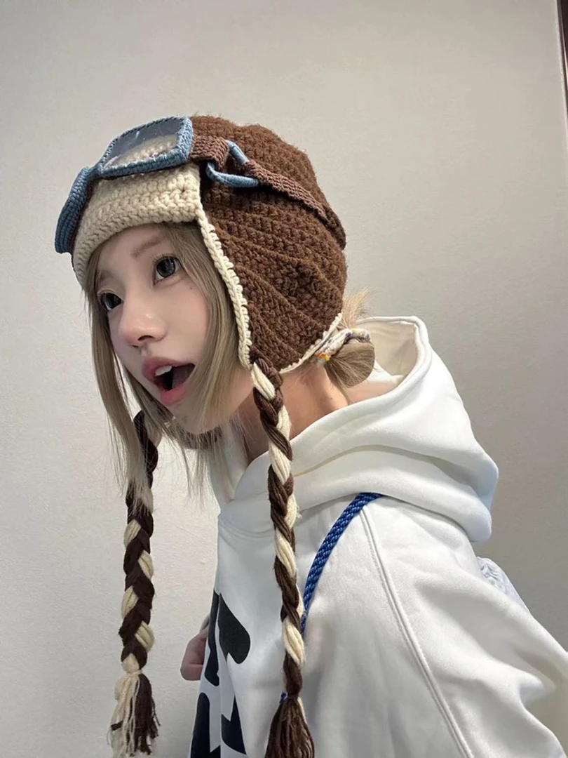 檀健次同款眼镜可拆卸毛线帽子女搞怪护耳雷锋帽显脸小针织飞行帽