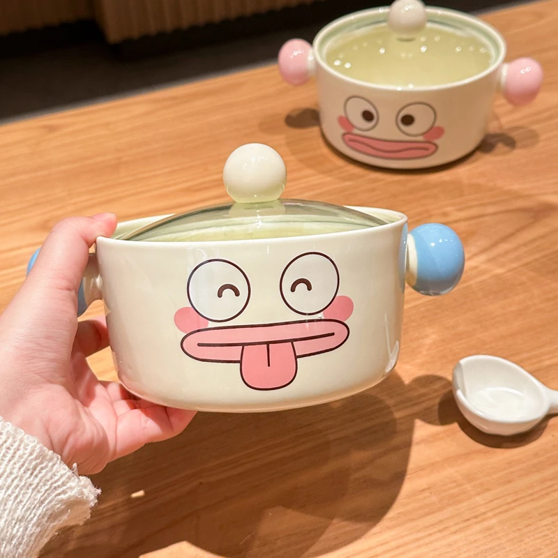 高颜值小丑双耳汤碗大号方便面碗学生宿舍陶瓷泡面碗带盖餐具家用