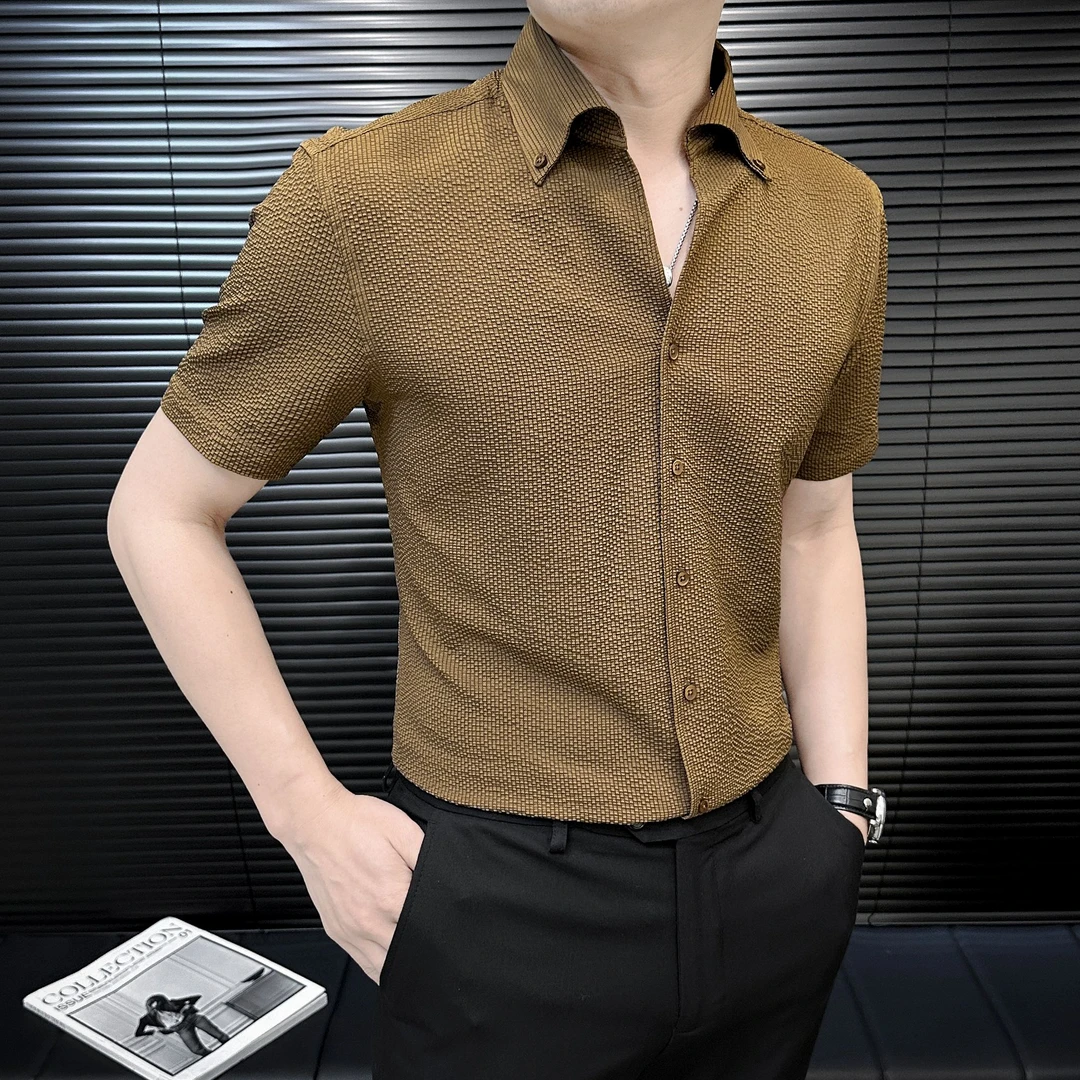 简单大方V领短袖衬衫男士上衣夏季薄款泡泡纱衬衣男爆款2025新款