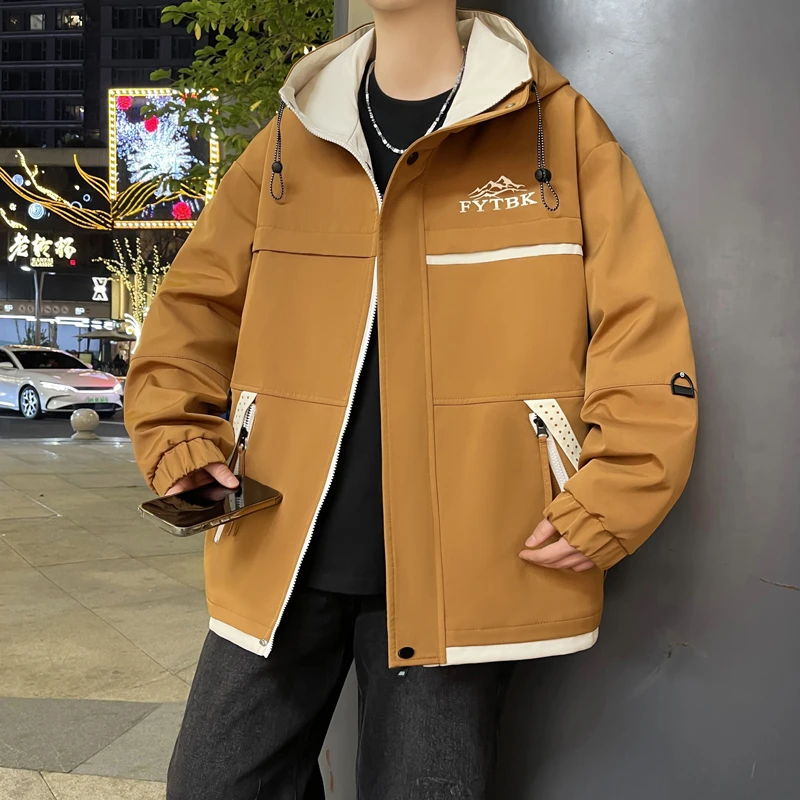 2025春秋新款连帽夹克外套休闲简约纯色冲锋衣青少年时尚免烫男装