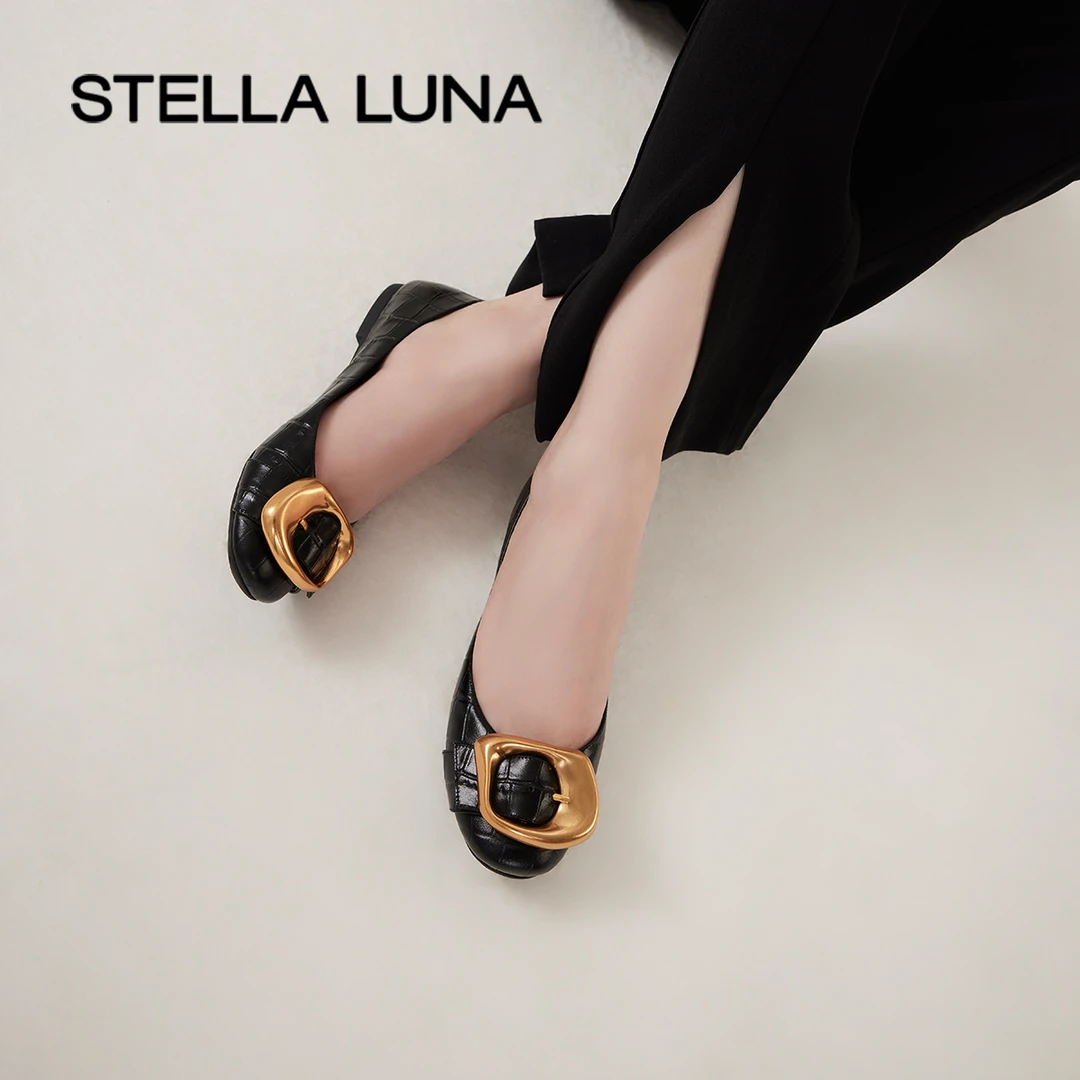 STELLA LUNA女鞋春季时尚一脚蹬小皮鞋百搭扣饰芭蕾舞平底鞋