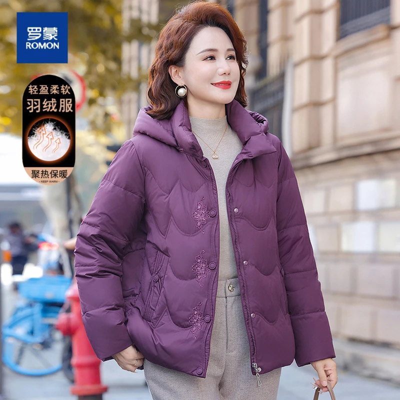 罗蒙妈妈冬装羽绒服女短款2025冬季新款中老年宽松白鸭绒洋气外套
