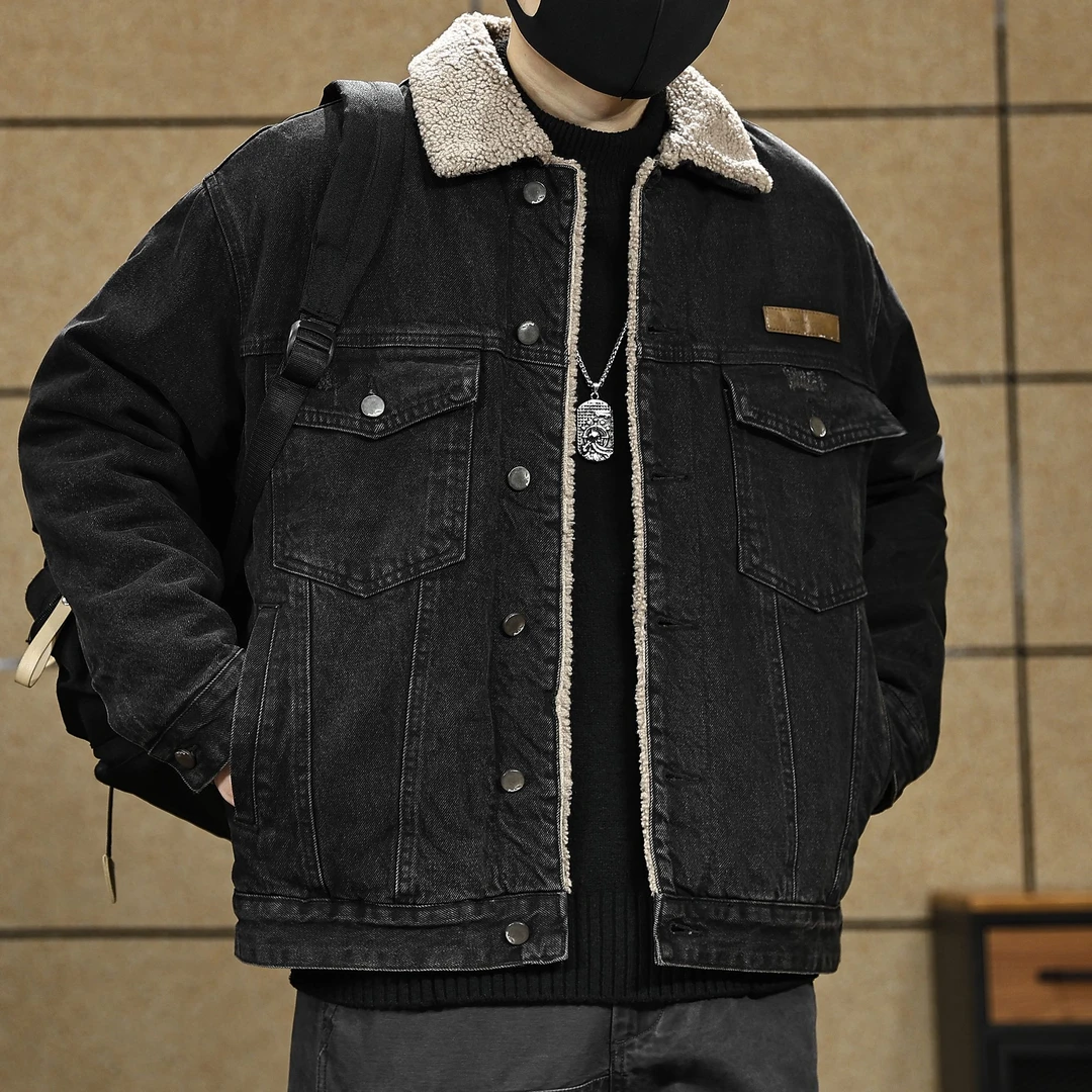 美式复古仿羊羔绒牛仔外套男新款冬季加绒加厚保暖夹克痞帅男衣服